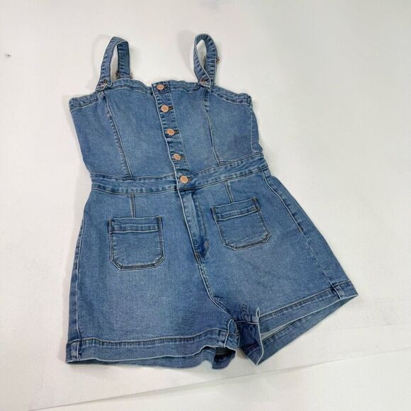 Guess Shorts Romper Women Medium y2k Mid Wash Blue Denim Button Front Sleeveless - Picture 1 of 16